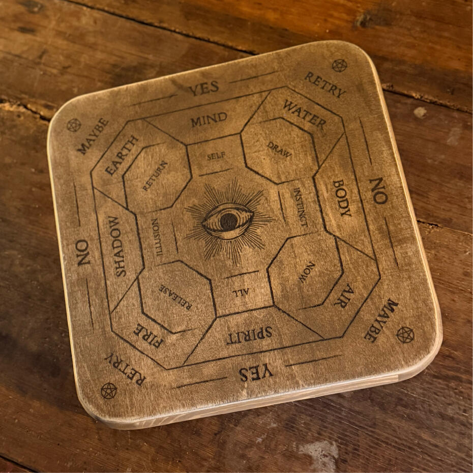 Handmade ritual pendulum board and casting tray on reverse, Castboards by WMFrewolfe