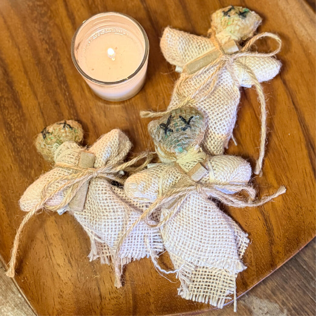 Group of handmade burlap witch figures with stitched faces and twine ties, ritual burning poppets, Cinderwitch by WMFrewolfe