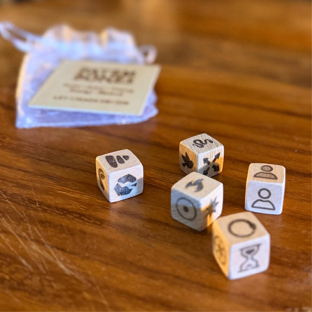 Five wooden chaos magick formula dice mid-cast, force actor timing energy method, by WMFrewolfe