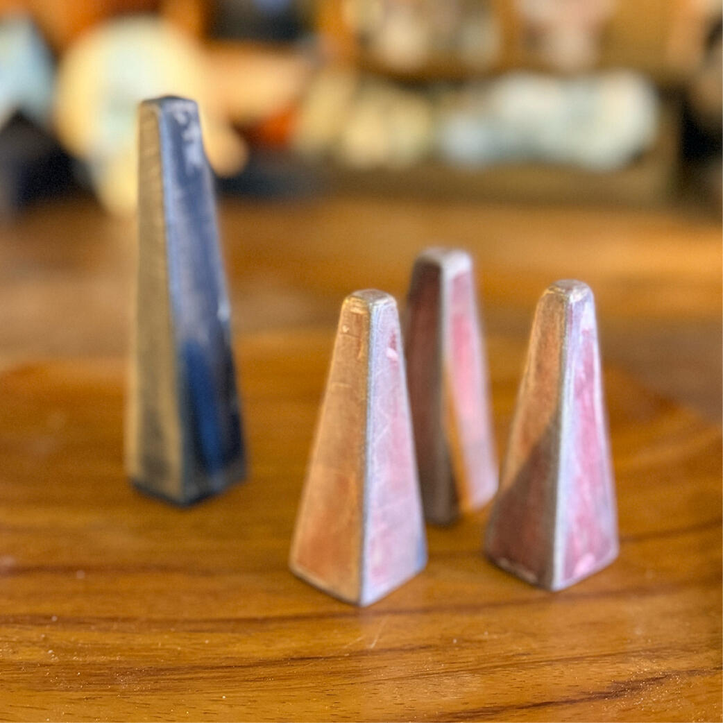 Cluster of small gilt-edged bone bells, handmade sealed sound totems, WMFrewolfe