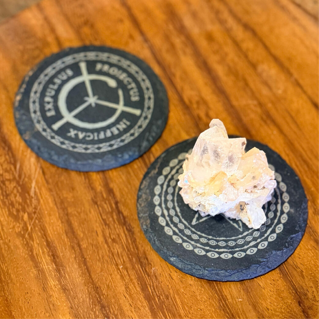 Markstones - Made to hold Slate charging plates with engraved sigils holding a raw crystal, Markstones by WMFrewolfe