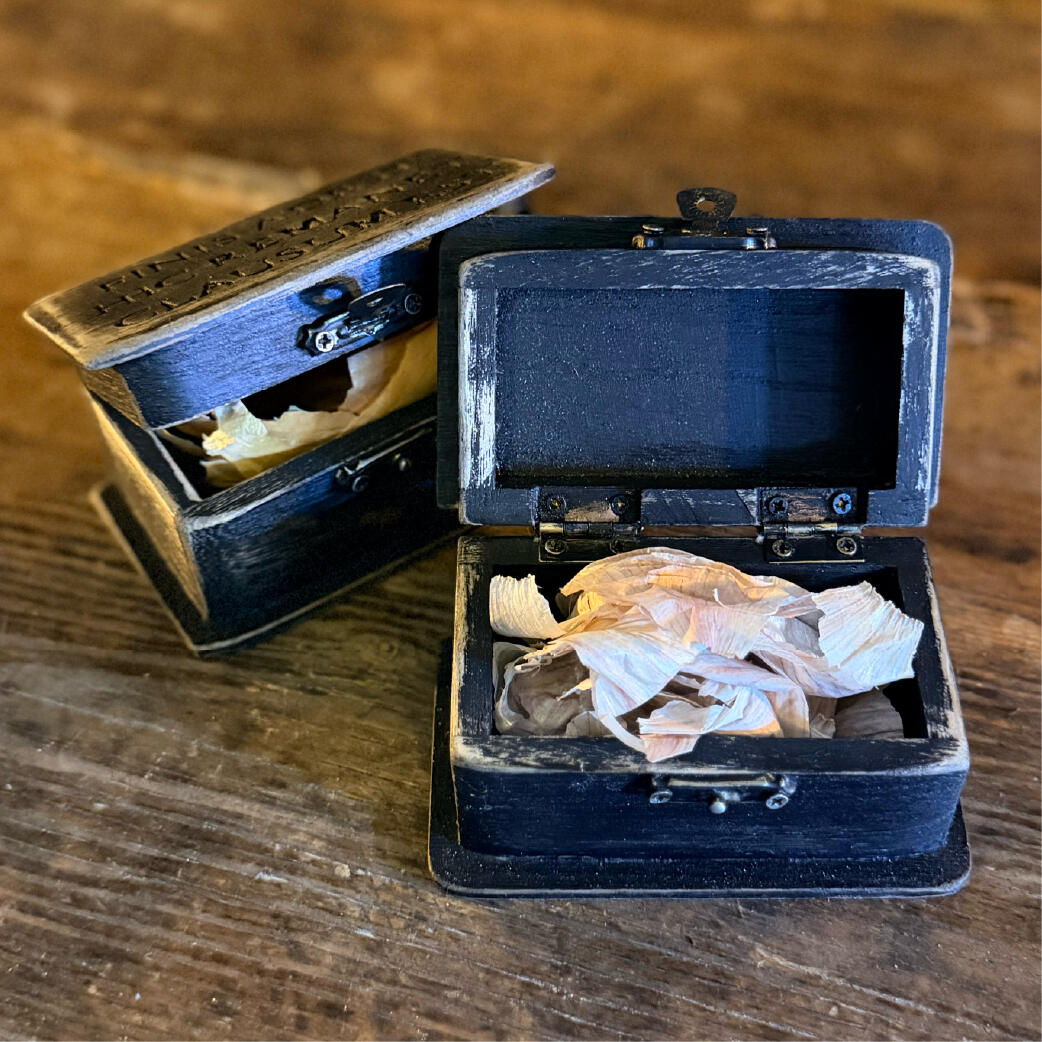Small aged hinged box open with its contents, handmade binding and sealing box, Bane Box by WMFrewolfe