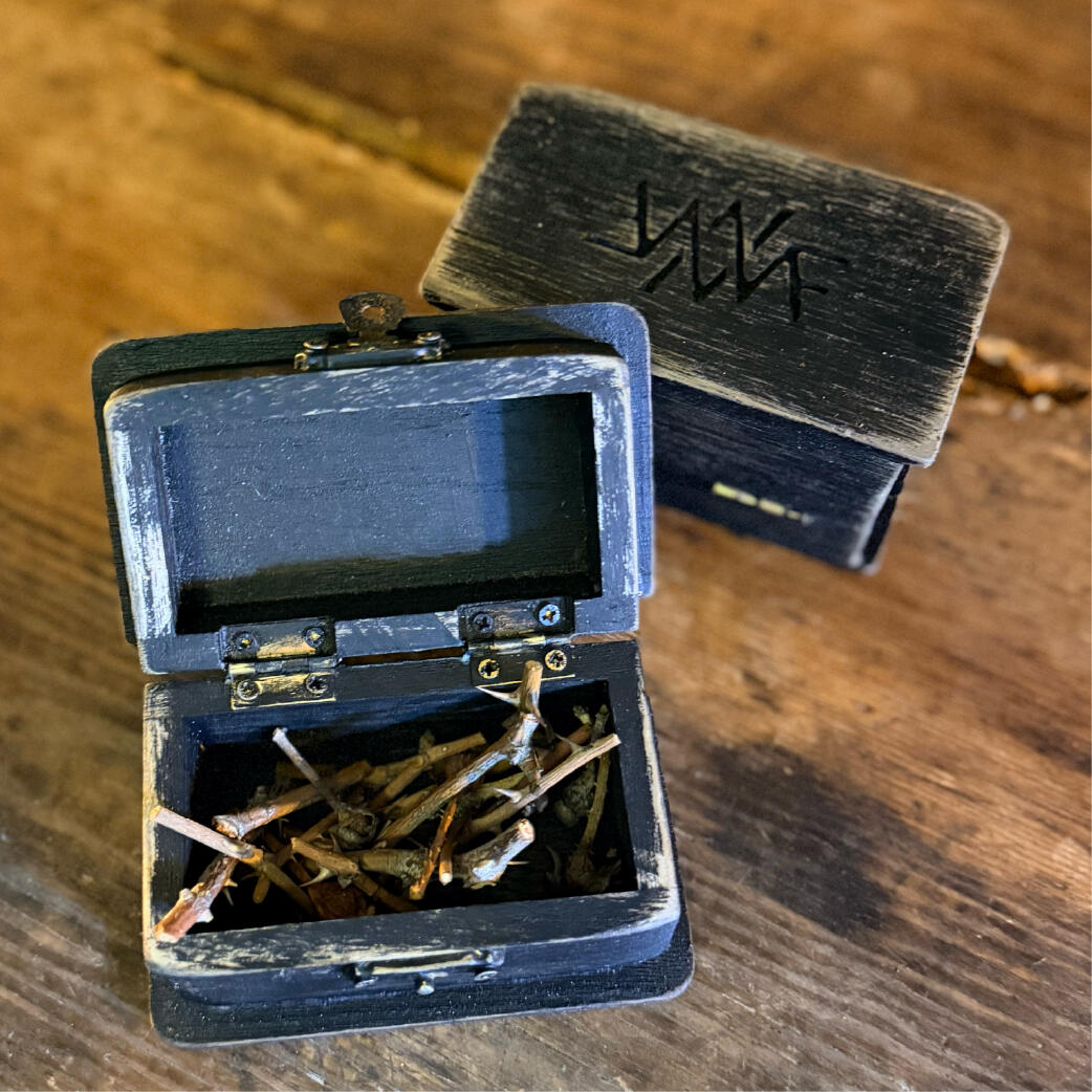 Open Bane Box holding bound thorns beside its sigil-marked bottom, handmade ritual containment box by WMFrewolfe